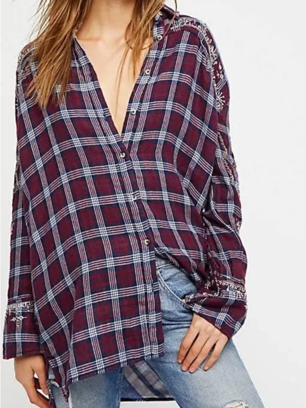 Free People Downtown Romance Red Blue Oversized Embellished Plaid Shirt Size L